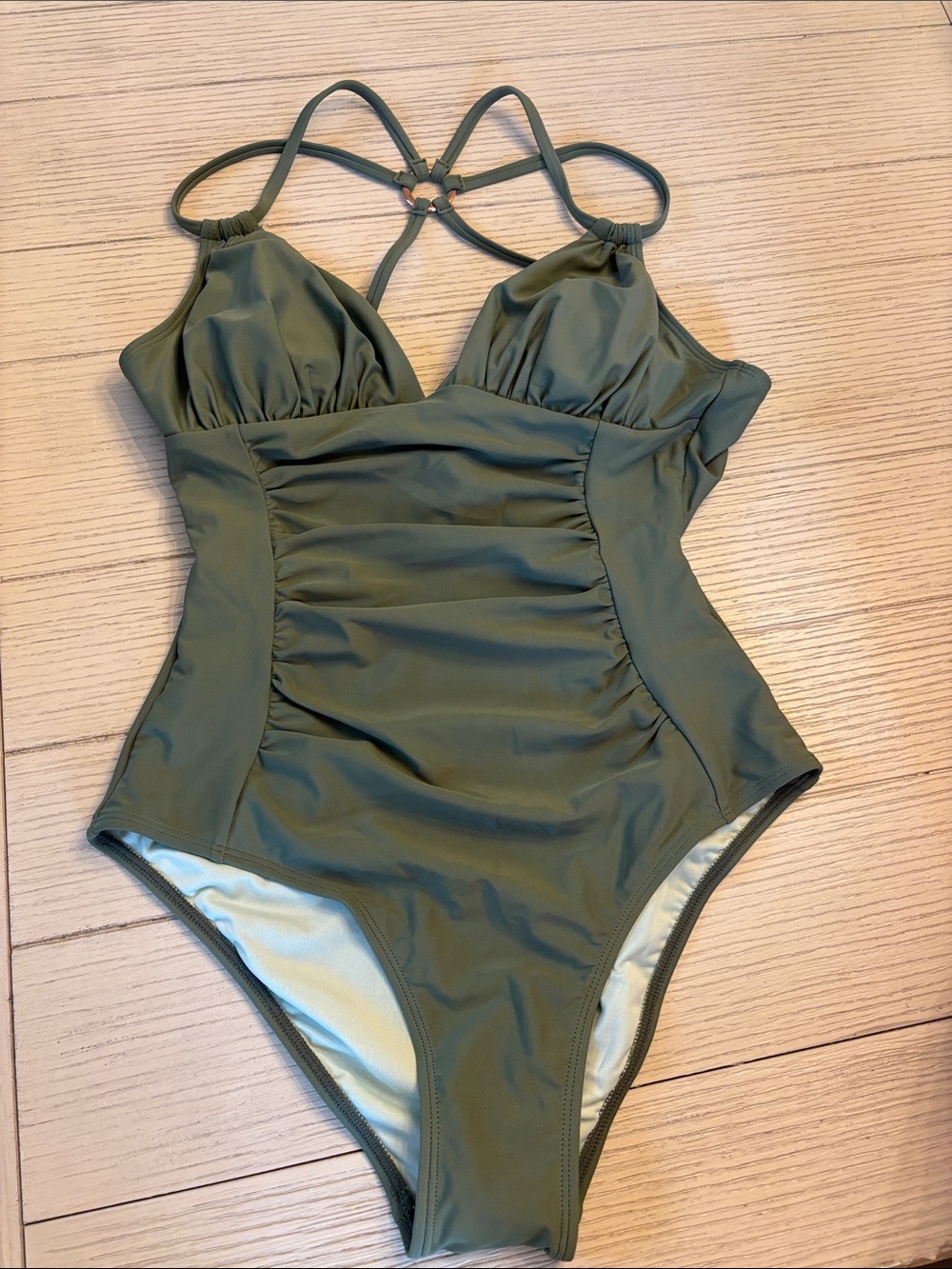 Cupshe Olive Green Ruched One-Piece Swimsuit Sz S